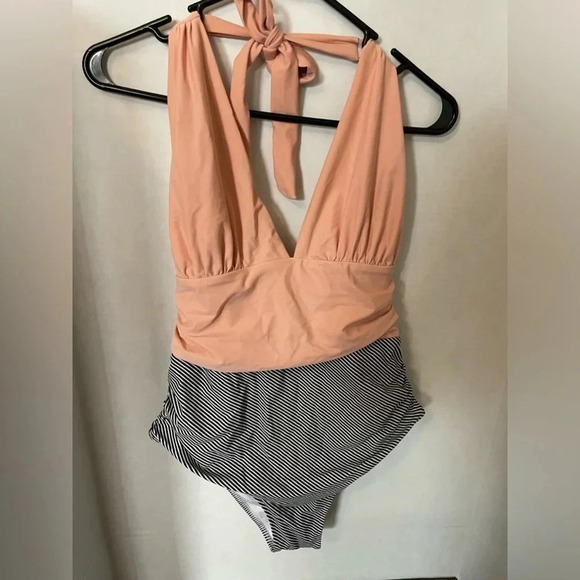 Cupshe One Piece Tie Halter Swimsuit Striped Bottom Orange Black Size XL - Picture 3 of 8